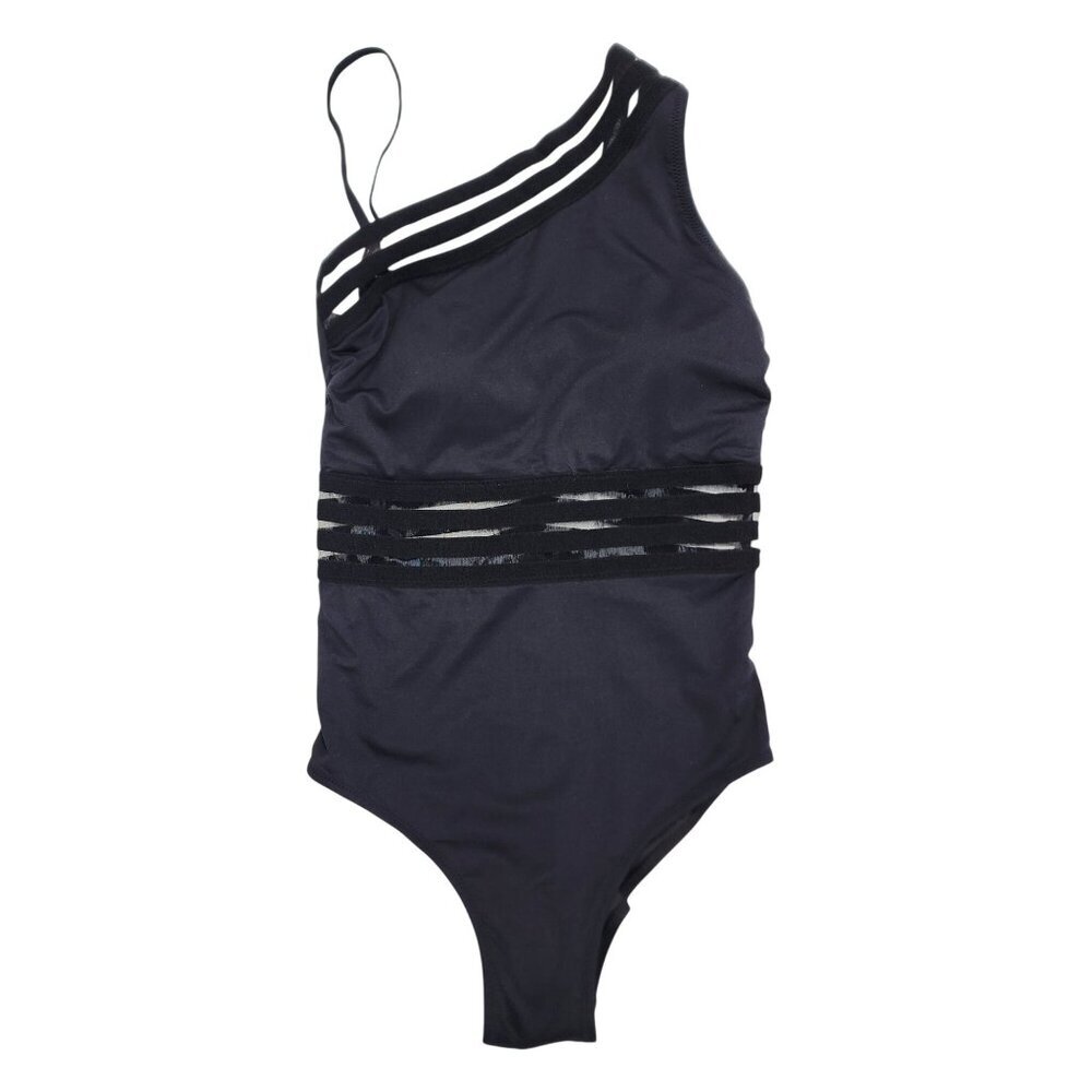 One-Shoulder Black Swimsuit With Mesh Straps & Cut-Out Details By Tempt Me XS